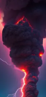 Electric tornado with dark clouds and lightning in vivid colors.