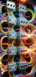 Colorful electrical circuit art with vibrant wires and sparks.