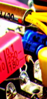 Close-up of vibrant electronic circuit components with resistors and wires.