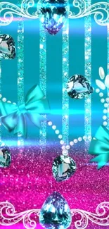 Teal bows and gems on a sparkling pink background.