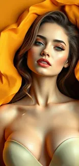 Elegant woman wrapped in orange fabric with vibrant colors.