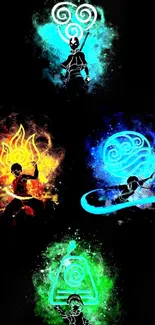 Artwork of elemental warriors with vibrant colors.