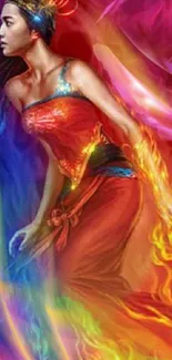 Colorful wallpaper featuring a woman with fire and water elements.