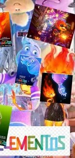 Vibrant elemental character collage wallpaper with colorful themes.