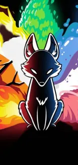 Colorful fox amidst elements in vibrant art design.