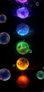 Vibrant cosmic orbs in multi-colored sequence on a dark background.