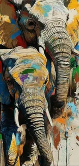 Artistic elephants with vibrant colors in a painting-style wallpaper.