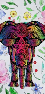 Colorful patterned elephant with floral background.