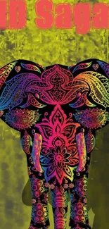 Vibrant elephant wallpaper with intricate designs and lime green background.