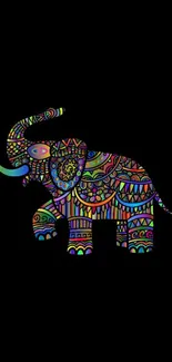 Vibrant elephant art in colorful patterns on black background.