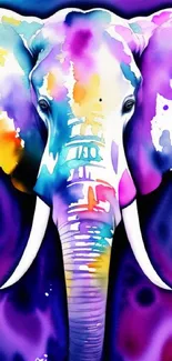 Vibrant watercolor elephant wallpaper with a purple background.