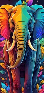 Vibrant multicolor artistic elephant illustration with leaves.