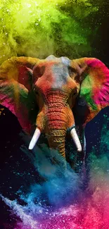 Vibrant elephant with colorful powder splashes on a black background.