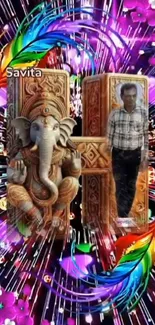 Colorful wallpaper with elephant deity and vibrant cosmic theme.