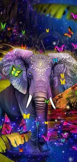 Vibrant fantasy elephant wallpaper with butterflies and colorful jungle.