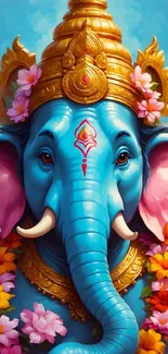 Divine blue elephant with flowers and crown