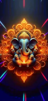 Colorful elephant mandala with glowing details on a dark background.