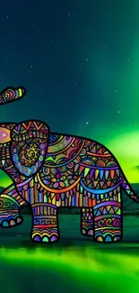 Colorful elephant with aurora night sky in the background.