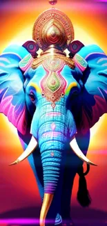 A vibrant, colorful elephant with intricate details on a gradient background.