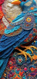 Colorful embroidered bird art with intricate details
