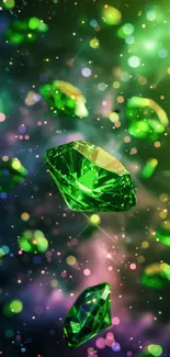 Vibrant green gemstones floating in a cosmic background.