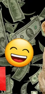 Vibrant wallpaper with emoji, lion cub, and dollar bills.