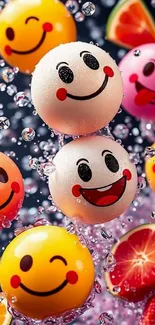 Smiley emojis with citrus fruits and bubbles in vibrant colors.