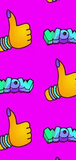 Colorful emoji art wallpaper with thumbs up and 'Wow' text on pink background.