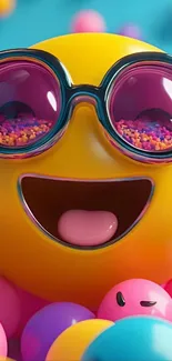 Vibrant emoji with sunglasses on a colorful background.