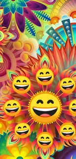 Bright and colorful emoji art wallpaper with abstract patterns.