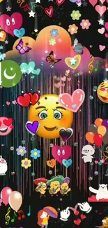 Colorful emoji and heart mobile wallpaper design.