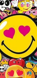 Smiley faces and heart emojis wallpaper with vibrant colors.