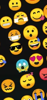 Vibrant mobile wallpaper with colorful emojis on a dark background.