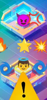 Colorful digital wallpaper with emojis and symbols in a glowing environment.