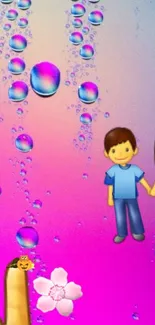 Colorful mobile wallpaper with emojis and bubbles on a pink background.