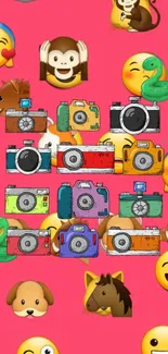 Colorful emoji and camera wallpaper with a vibrant pink background.