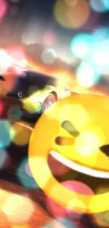 Bright emoji with a blurred car in vibrant colors.