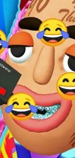 Cartoon character with emojis and colorful background.