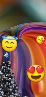 Vibrant Christmas-themed emoji wallpaper with colorful swirl background.