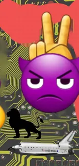 Purple emoji wallpaper with circuit board background.