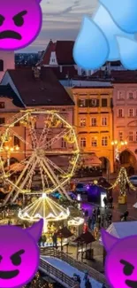 A dynamic cityscape with emojis and a ferris wheel, glowing in evening lights.