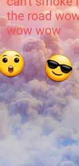 Colorful cloud wallpaper with emojis and text overlay.