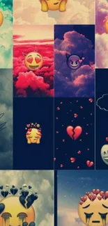 Vibrant wallpaper with emojis and colorful cloud backgrounds.