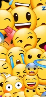 Colorful emoji collage wallpaper with expressive smiley faces.