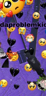 Creative wallpaper with emojis and cartoons on a purple background.