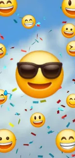 Cheerful emojis with confetti on a blue background.