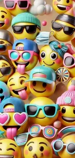 Colorful emoji wallpaper with playful expressions and accessories.