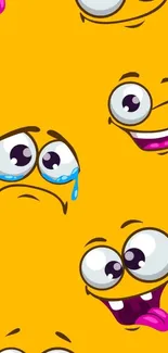 Colorful cartoon emoji faces on a yellow background.