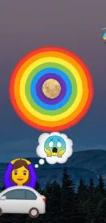 Colorful emoji scene with rainbow bullseye and night sky.