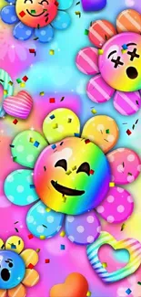 Cheerful emoji flowers and hearts in a vibrant rainbow design mobile wallpaper.